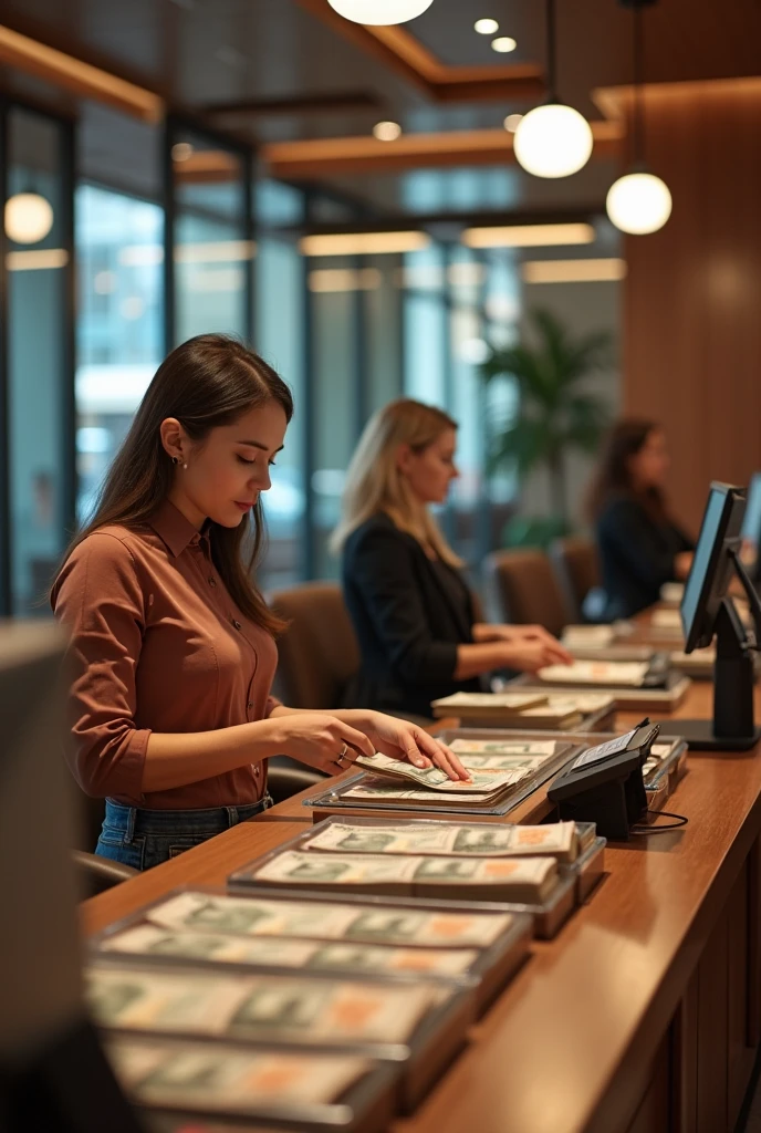 Atendente de banco contando dinheiro