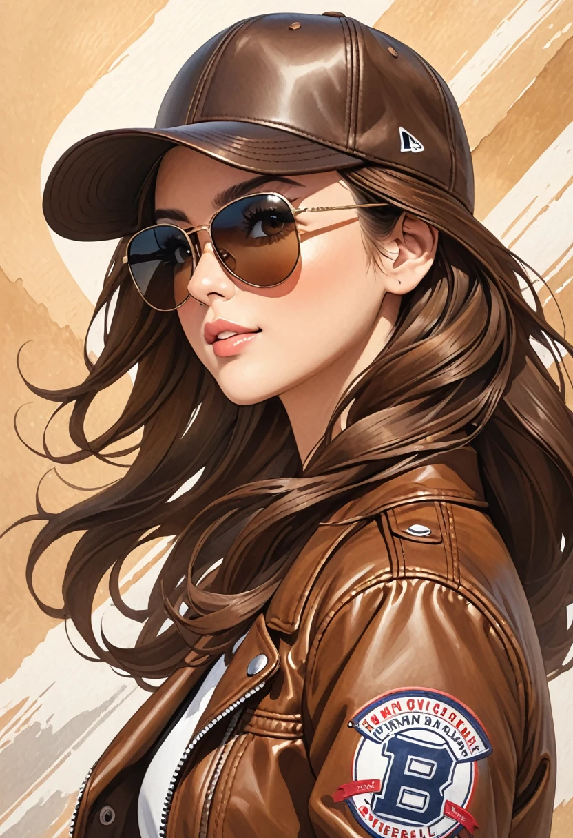 woman wearing a brown leather jacket with a hat and a baseball cap on, 1girl, solo, hat, sunglasses, long hair, brown hair, jacket, baseball cap