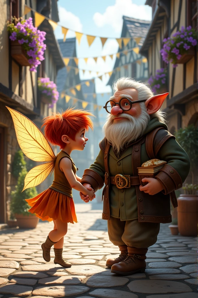 A short-haired red-haired fairy and a dwarf student holding hands in a medieval town 