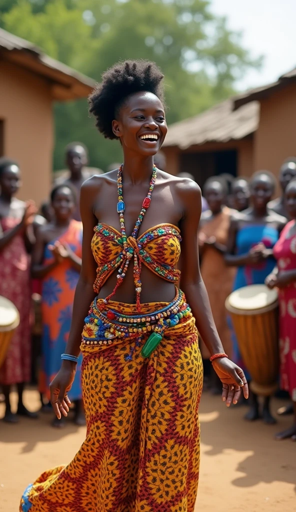 Generate a realistic and consistent image of Nma a very beautiful 28 years Nigerian princess, tieing rapper on her chest and waist decorated with beads on her hair and waist, dancing in the village square with villagers watching her and clapping for her 