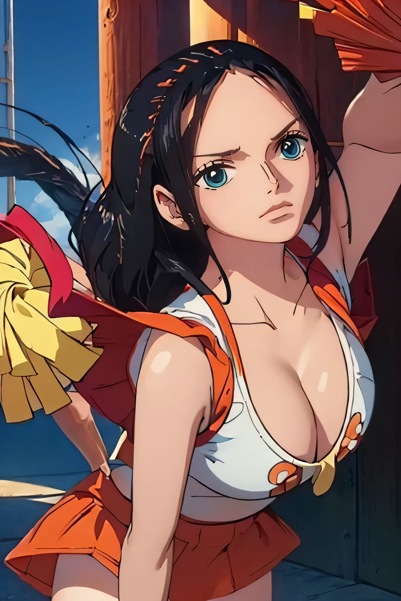 25yo woman, long black straight hair trim bangs,reached sholder, cowboy shot, ((((large cleavage)))),((((hugebreasts)))), (high quality, detailed, beautiful), detailed soft lighting, rating_explicit, (upper body, soft skin:1.2), 1girl, school football field background, beautiful eyes, open eyes, smiling, (cute cheerleader uniform:1.2), (dusk:1.2), (cowboy shot portrait:1.2), cheerleading, cheer poses, on school football field, sharp focus, portrait, studio lighting, (masterpiece, best quality), (high resolution), perfect face, flawless, professional artwork, cinematic lighting, beautiful face, beautiful eyes, large eyes, bright eyes, beautiful smile, perfect hands, firm abs, anatomically correct, perfect anatomy,(((((((windupskirt:1.3)))))))、(((((Show off her refreshing panties))))),(((one piece nico robin:1.2))),((((large cleavage:1.2))))