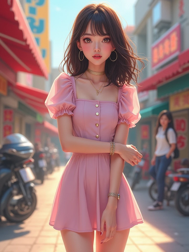 (Realistic, Photorealistic: 1.37), Pastel colored mini dress with puffy sleeves, paired with a white sneaker , K-Pop idol, standing and looking at the viewer, ((highest quality)), ((intricate details)), ((realistic)), absurd resolution, 18 years old, young , sexy woman, point view, highly detailed illustration, one girl, medium breasted, perfect hands, detailed fingers, beautifully detailed eyes, medium long hair, brown eyes, Detailed background, perfect eyes, enchanting eyes, looking. Viewed from the front