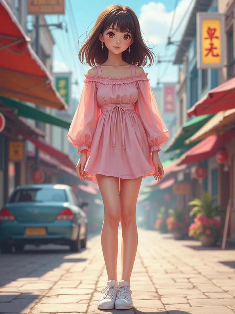 (Realistic, Photorealistic: 1.37), Pastel colored mini dress with puffy sleeves, paired with a white sneaker , K-Pop idol, standing and looking at the viewer, ((highest quality)), ((intricate details)), ((realistic)), absurd resolution, 18 years old, young , sexy woman, point view, highly detailed illustration, one girl, medium breasted, perfect hands, detailed fingers, beautifully detailed eyes, medium long hair, brown eyes, Detailed background, perfect eyes, enchanting eyes, looking. Viewed from the front