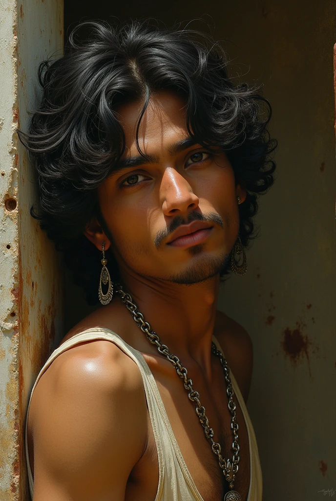 (photorealism:1.2), a beautiful indian 20 year old prince in jail, by Greg Rutkowski, by Alphonse Mucha