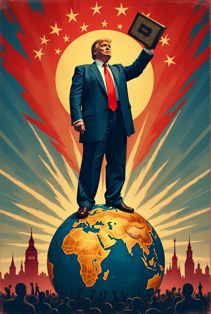 a soviet style propaganda poster showing donald trump holding a bible while standing on a globe. color are vivid and evocative