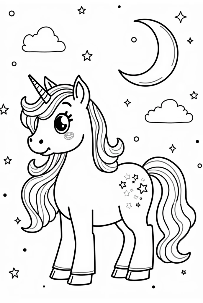 coloring book page black and white for kids pony with moon drawn on body