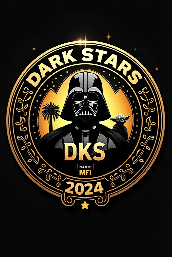 Create a round football (soccer) crest with a **black and gold** color scheme. The main theme should incorporate elements from the **Star Wars** universe, featuring **characters** from the movies. The name "**Dark Stars**" should be prominently displayed at the top, along with the abbreviation "**DKS**" placed centrally or below the team name. Add **golden stars** as additional elements, possibly around the border or integrated with the design. Ensure the **borders are detailed in gold** with intricate patterns, and include the year **2024** subtly within the design. The overall aesthetic should blend the futuristic, iconic look of Star Wars with the traditional feel of a football crest.