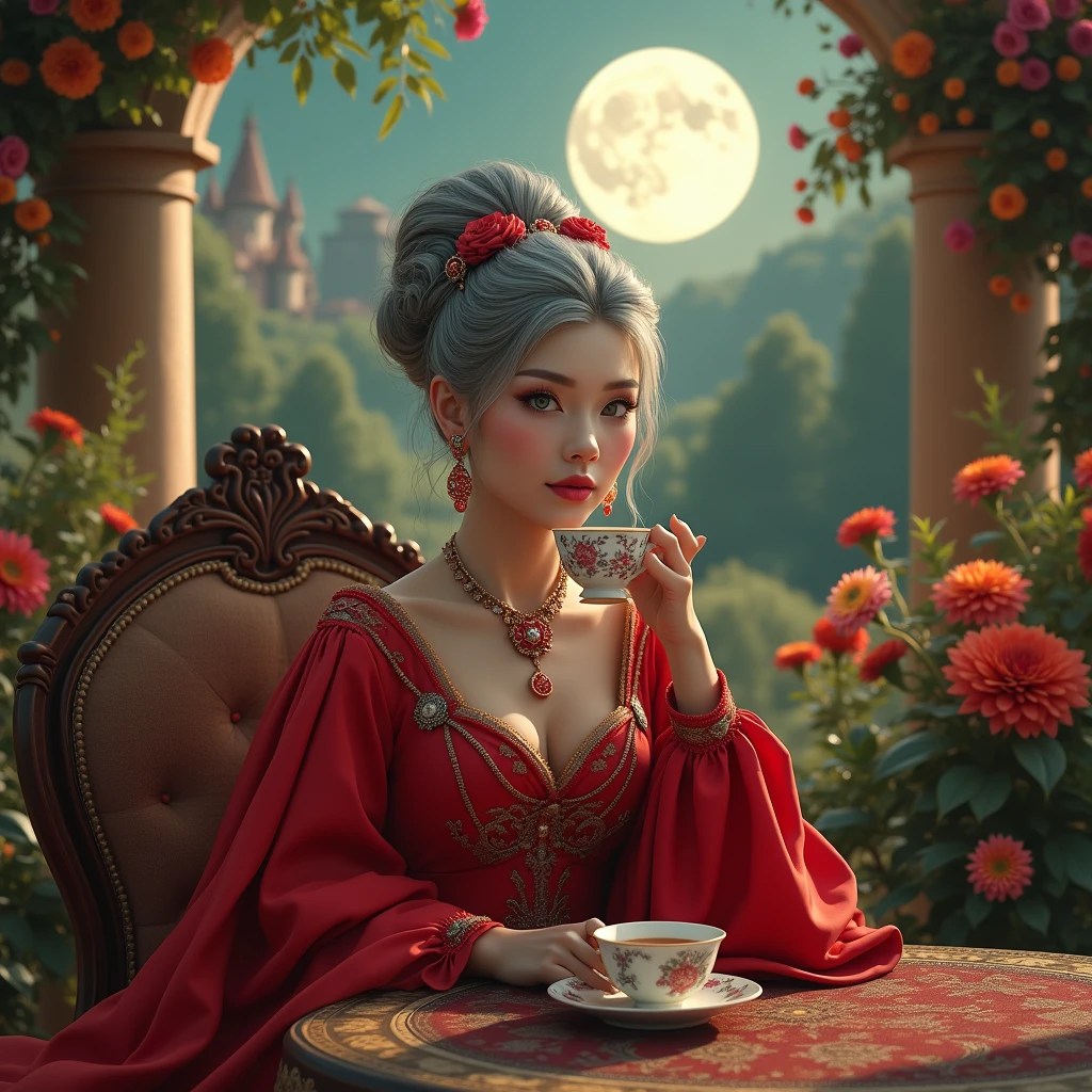 Gray haired woman, grey eyes, Royals, Red dress, red jewelry, Red earrings, Lunar, nobility, aristocrat, high quality, Very detailed, detailed face, masterpiece, castillo, Drinking tea, garden, flores, Lights, realist 