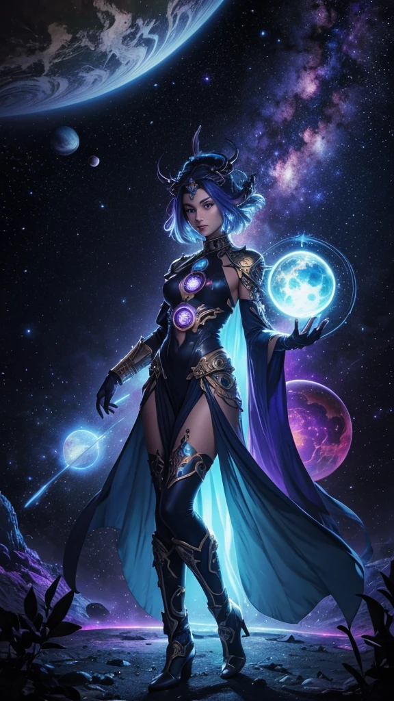 Create a surreal and cosmic-themed illustration featuring a mystical character with a unique appearance. The character should have intricate details and vibrant colors, blending futuristic and ancient elements. Surround the character with celestial objects like stars, planets, and nebulae, and place them in a mystical landscape that evokes spiritual awareness and self-discovery. The overall atmosphere should be one of emotional depth and cosmic wonder.