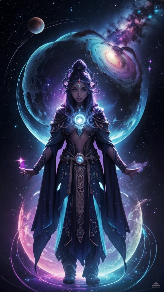 Create a surreal and cosmic-themed illustration featuring a mystical character with a unique appearance. The character should have intricate details and vibrant colors, blending futuristic and ancient elements. Surround the character with celestial objects like stars, planets, and nebulae, and place them in a mystical landscape that evokes spiritual awareness and self-discovery. The overall atmosphere should be one of emotional depth and cosmic wonder.