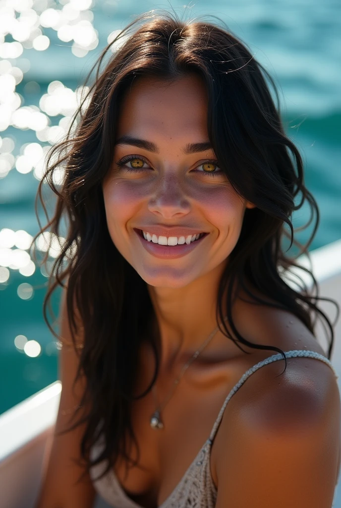 Beautiful brunette woman with black hair and yellow eyes is on a boat at sea, She is wet her hair is wet and her yellow eyes are shining