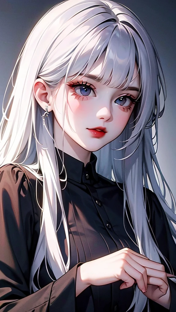 Female, long hair, no bangs, dark blue shirt. Sharp quality, detailed coloring, high quality