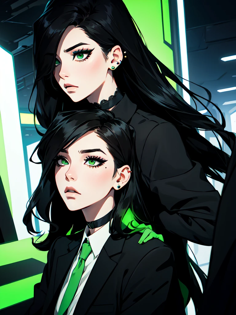 1girl, ((hair over eye)), (tight black lace blazer), black tie, ((long hair)), ((straight hair)), (((black hair))), side swept bangs, white skin, pale, white, (green eye), tired expression, choker, ((dark makeup, mascara, eyeshadow)), mole under eye, multiple piercings, best quality, 8k, cyberpunk city, neon streets, white shirt, erotic, slytherin