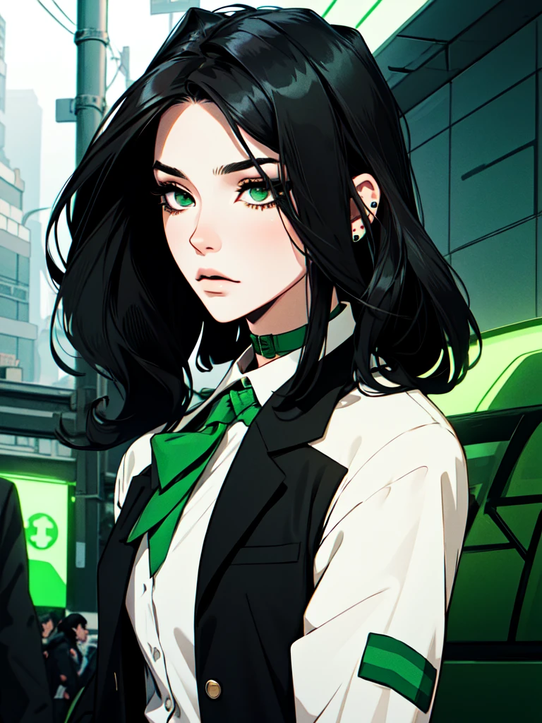 1girl, ((hair over eye)), (tight black lace blazer), black tie, ((long hair)), ((straight hair)), (((black hair))), side swept bangs, white skin, pale, white, (green eye), tired expression, choker, ((dark makeup, mascara, eyeshadow)), mole under eye, multiple piercings, best quality, 8k, cyberpunk city, neon streets, white shirt, erotic, slytherin