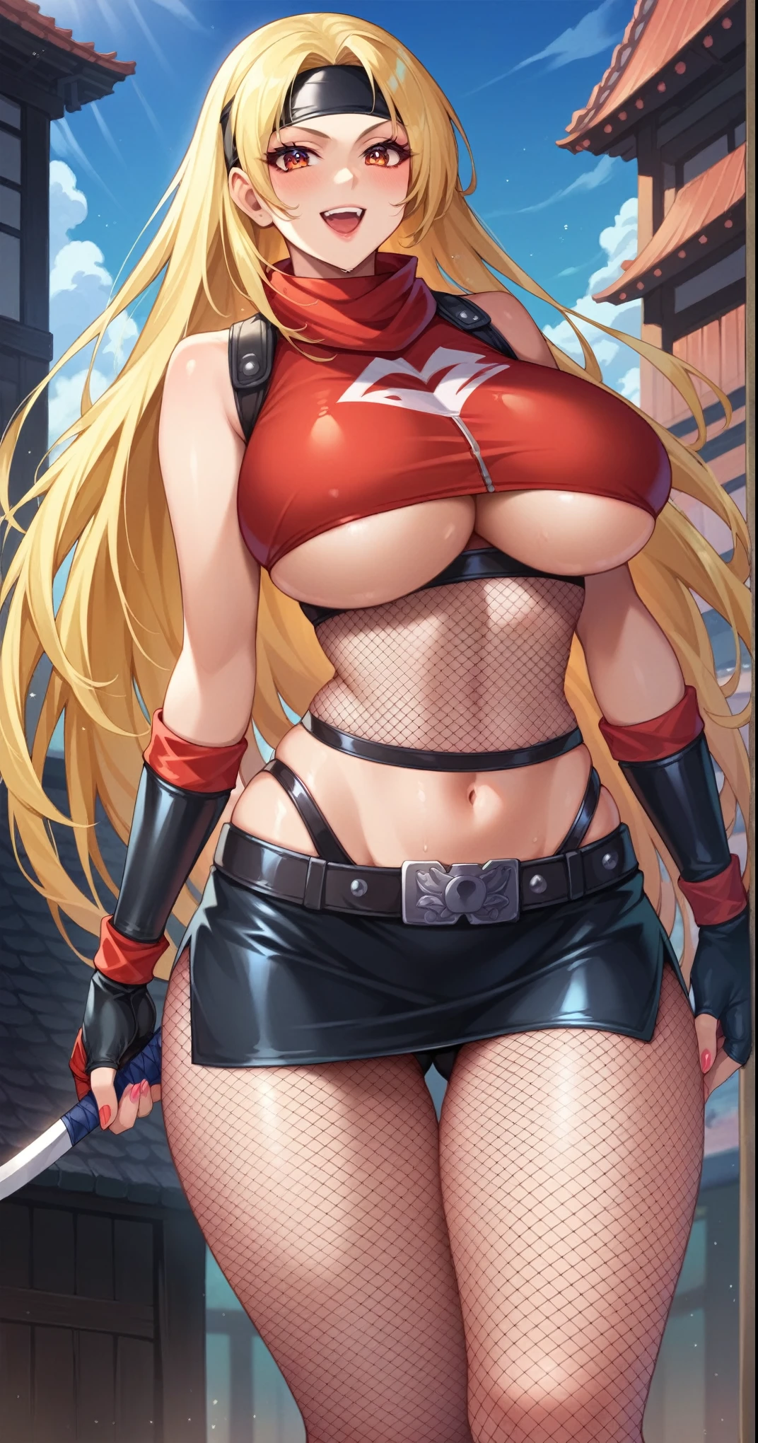 masterpiece, best quality, (1 girl), solo, wide hips, (big breasts), slutty grin, young girl, wide hips, ninja village, nighttime, detailed eyes, open mouth, ((wearing a slutty ninja outfit)), slutty, (very long hair), curvy, nice hips, kunoichi, ((ninja girl)), ninja outfit, midriff, short skirt, (fishnet), underboob, kunoichi skirt, blonde hair, fishnet bodycon, wide hips,