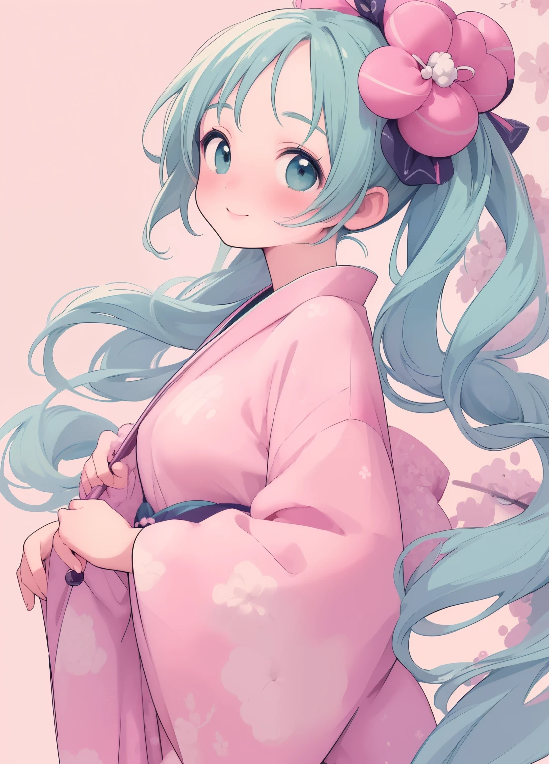 (masterpiece、Highest quality、Highest quality、Official Art、Beautiful and beautiful:1.2)、(1 personの:1.3)Hatsune Miku、Twin tails,Beautiful breasts, Katsushika Hokusai,Detailed illustrations, Highest quality, masterpiece, Bright colors,High resolution、８ｋ、8-year-old、cute、Japanese 、whole body、Smile、Beautiful background, 1 person 