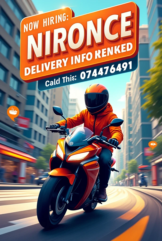 Hello, generate me an image that would post the ad that I am looking for a motorcycle delivery person and that would mention my phone number. :074476491