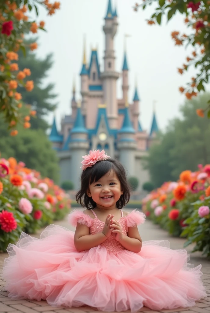 Real pinay baby girl wearing pink gown sitting in the floor with background castle and arounding flowers with name "one" write beside