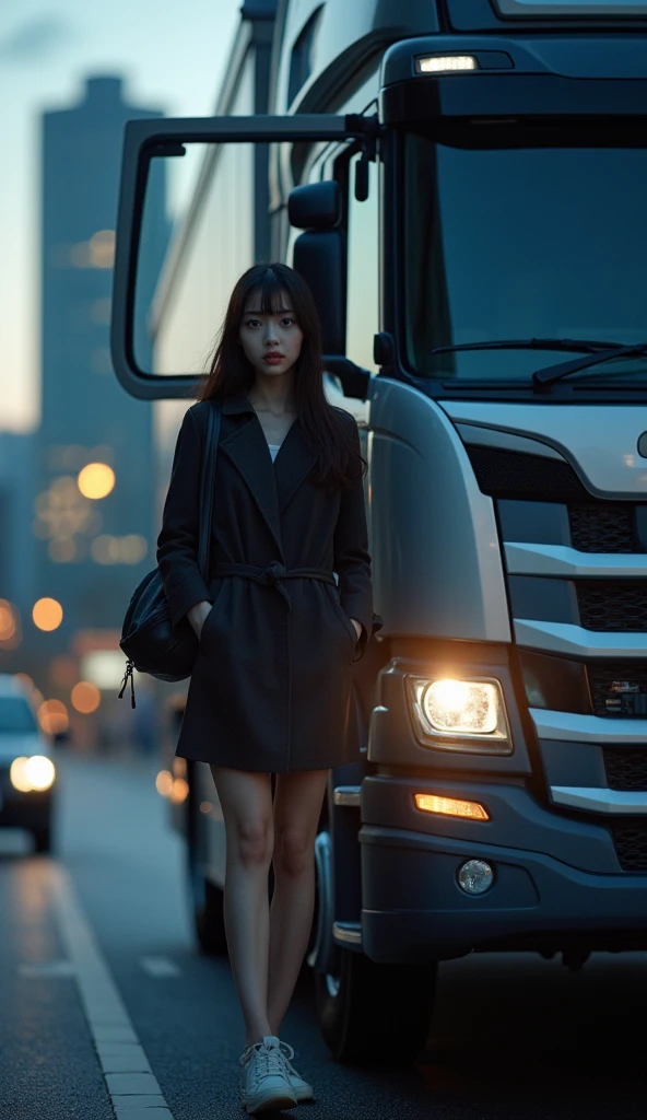 photo-realistic, ultra-realistic, very beautiful Japanese university student girl, famous Japanese idol, 25 years old, about to get on a Scania large truck, dramatic scene, masterpiece, (face focus:1.3), beautiful eyes,