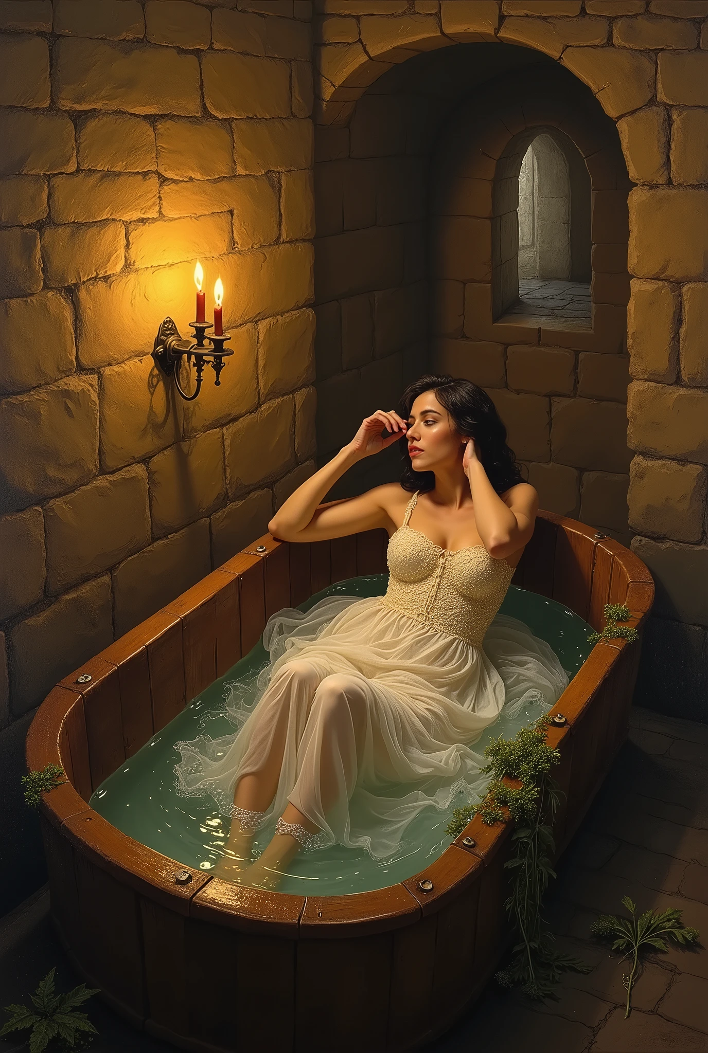 A delight oil painting of A woman in a medieval dimlight bathing chamber, illuminated by the soft low glow of a candle as she relaxes in a wide wooden tub. The low light enhances the curves of her body and the delicate texture of her dress. Her body figure unclearly exposed under the water surface. 