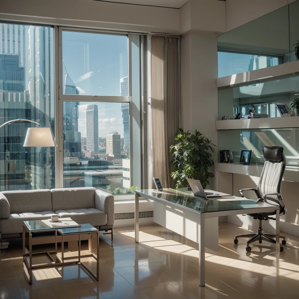 office, The office of the future, futuristic design, large desk, wall with paintings and diplomas, Glossy floor, hlLarge spacious windows, outside the window you can see a futuristic city with multi-story office buildings, starships fly, 16 thousand. ue5. Ultra slim, 8 k, HDR, product photography, depth of field, Nikon D850, Ultra realistic, no contrast, pure sharp focus, professional, There is no blur, Bright office, Light shades, view from the floor, even more modern, office from the future, luxurious executive office