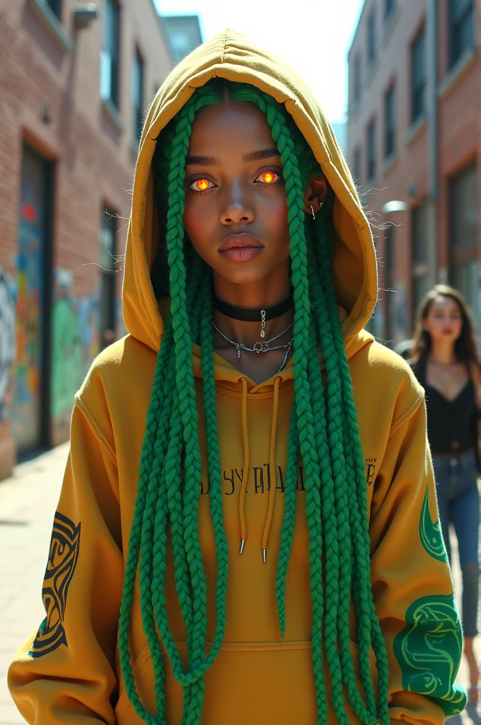 Green long braids　hoodie　Orange Eyes　