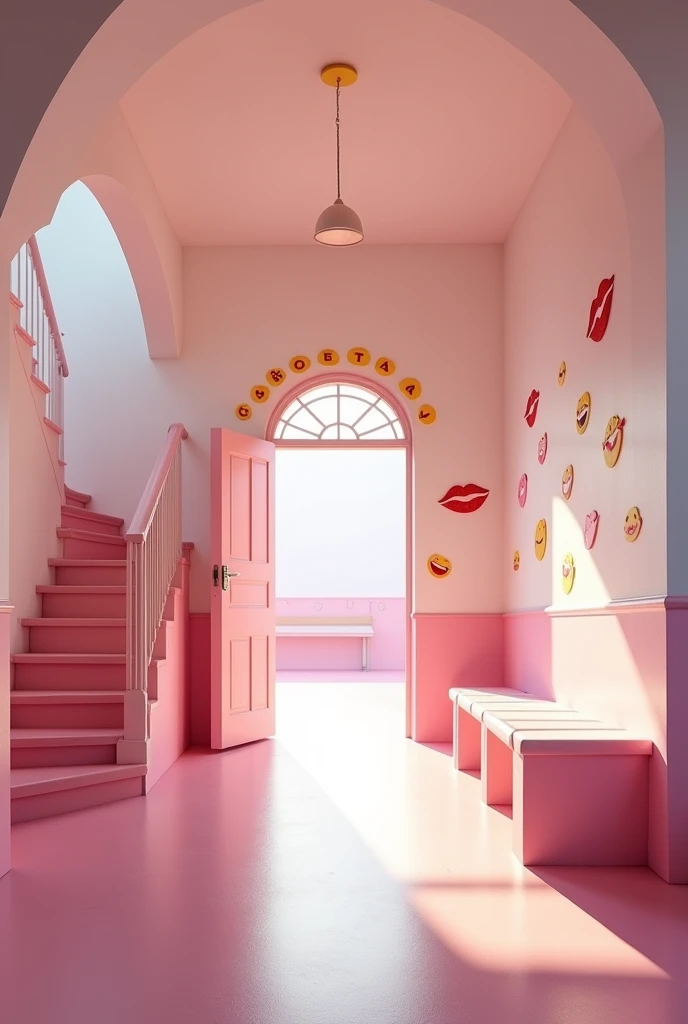 (photorealism:1.2)
In a pink and white classic school hallway, At the end of the hallway there's a pink big school open door that leads to the school inside yard, A sign that reads the words "Colegio uetas" is over that door, and many drawings of 💋 can be seen on the walls, outside there are pink school yard benches. It is empty outdoor. There's a stair way that leads to the second floor at left hand inside the hallway. There's no green nature outside, only white and pink painted concrete.
View: Over the shoulder perspective photo,
high resolution, masterpiece, best quality, intricate details, highly detailed, Hiperrealistic