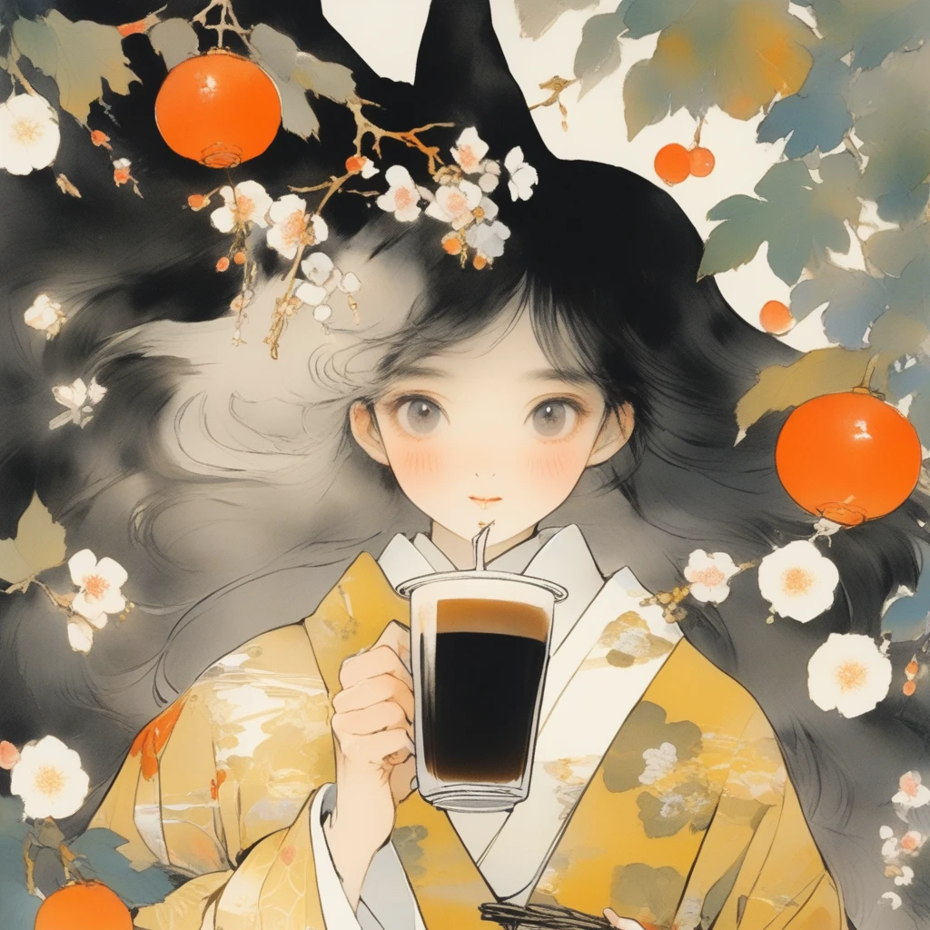 最高品質,ネオンアート,イラストレーター, アニメ , 現実的 ,スケッチ, 1人, ,リップ,コーヒーを飲んでいる,(傑作,最高品質), 黒と銀の髪,無表情,垂れ目, (傑作,最高品質) ,全身,