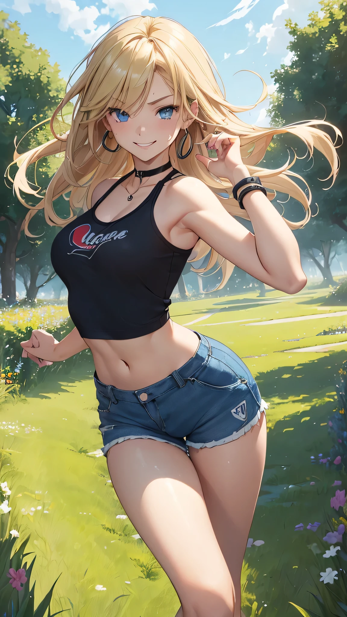 最high quality、Best image quality、masterpiece、woman((18-year-old、Sportswear、Black sports bra、Blue shorts、Best Bust、Bust 85、Blonde、Long Hair、blue eyes、Open your chest wide、valley、happiness、Black wristband on wrist、Slender、smile、耳Nipple Ring、running、The wind is blowing、sweating、Hunchback))high quality、Visual Arts、background((grassland、Grass path))、Tabletop、