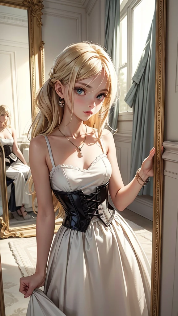 Pose: (masterpiece), (best quality), (detailed), light layer, 1solo girl, young girl, perfect body defined chest, defined collarbone, standing with her back to the camera, head turned to look over her shoulder.
Expression: Calm and introspective, with a soft smile or a thoughtful gaze that conveys a sense of reflection and self-awareness.
Attire: Elegant and refined outfit such as a Corset Flared Crisscross Strap Dress, Punk Sleeveless Dress  that complements the serene mood.
Hair: Styled neatly, blonde straight hair, enhancing the reflection.
Makeup: Subtle yet refined, with a focus on eyes and lips to create a balanced and elegant look in both the reflection and the main image.
Background: A softly lit room with an elegant mirror, such as a bedroom vanity, a grand hallway, or a minimalist bathroom that adds sophistication to the scene.
Lighting: Soft, diffused lighting that illuminates both her face and the reflection, creating a gentle glow and emphasizing the duality of the image.
Accessories: Delicate and minimal, such as a simple necklace, a pair of earrings, or a stylish watch, adding a touch of elegance without overpowering the scene.
Props: Optional, such as a small perfume bottle, a brush, or a piece of jewelry placed on the vanity, enhancing the reflective atmosphere.
Mood: Reflective, serene, and elegant.