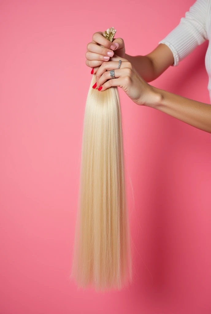 Full sized and full lenght blonde hair extensions on ponk background holded by beautifull woman hand