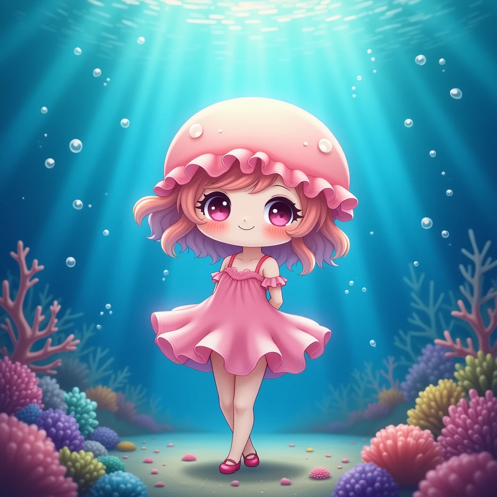 nice girl yes,flat chest,kawaii,(jellyfish girl:1.2), arms behind the back,Submarine,ruffled dress,realist 