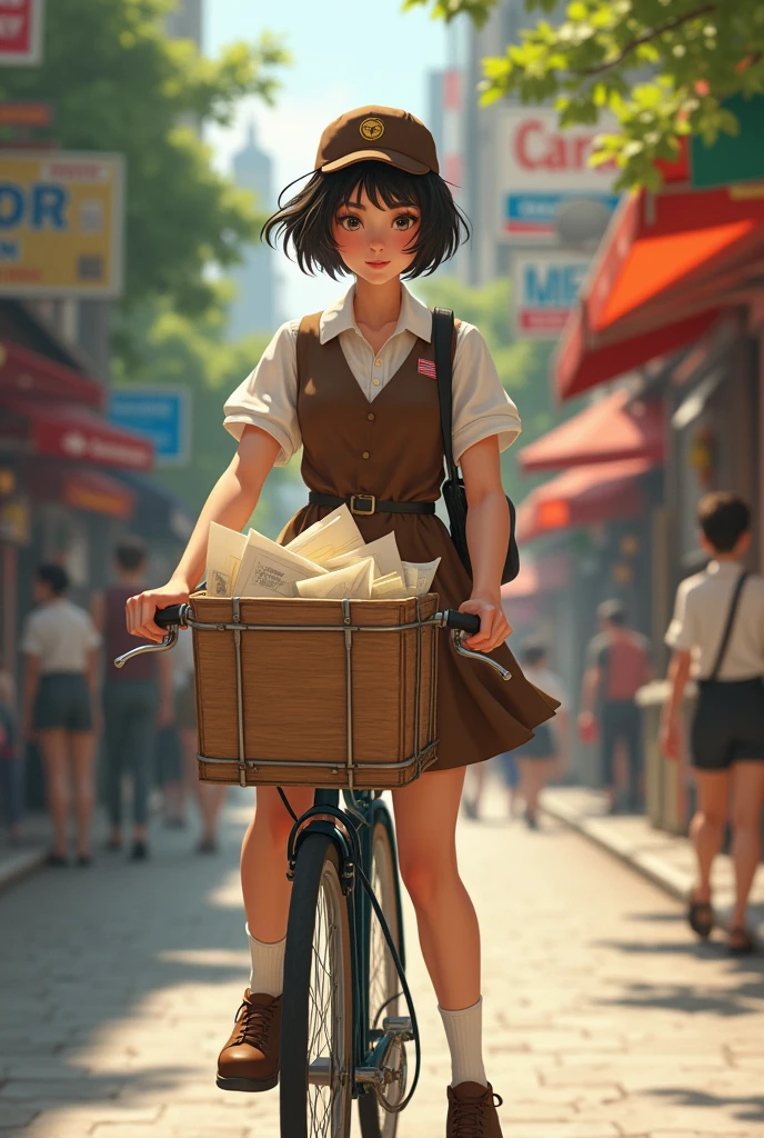 Post office lean girl with brown uniform holding post Letter travel in busy street with cycle