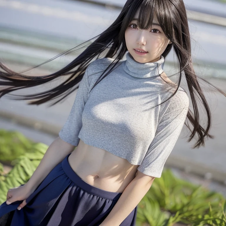 A full-length portrait of a beautiful girl, Standing with her hands clasped softly in front of her. She is dressed in a cute outfit, a t-shirt and a skirt., Long, flowing hair gracefully cascades down her back. The scene gently captures her, Dreamy Style, Highlighting her delicate features and a serene expression on her face. The background is simple, Beautiful Japanese Woman, 1 person,(Realistic:1.4), Highest quality, 8k, At 32K,((Short Turtleneck))、18-year-old、New York night view、Blur the background、Stand up straight、18-year-old、Perfect Face、Perfect body line、Japanese Idols、Beautiful full-length image、Belly short cut hairstyle、smile、Wearing small panties、Short Hairstyles、sexy
