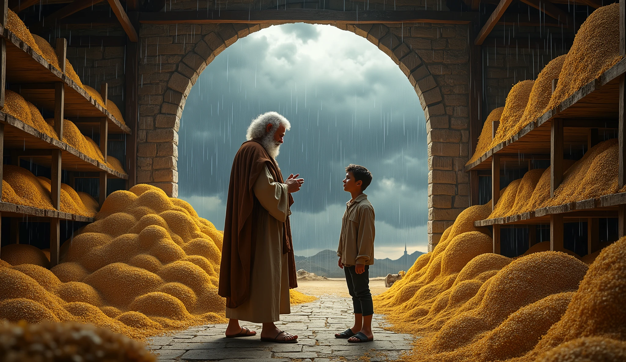 Create an interior image of an old warehouse filled with stored grain and other resources, with Solomon inspecting the stock. The warehouse must be robust, symbolizing the security that savings offer. Ao fundo, through a window or door, show a scene of a storm or hard times, highlighting that savings are a protection against unforeseen events. Also include, In a corner, a young man watching Solomon with admiration, learning the importance of saving for the future.
