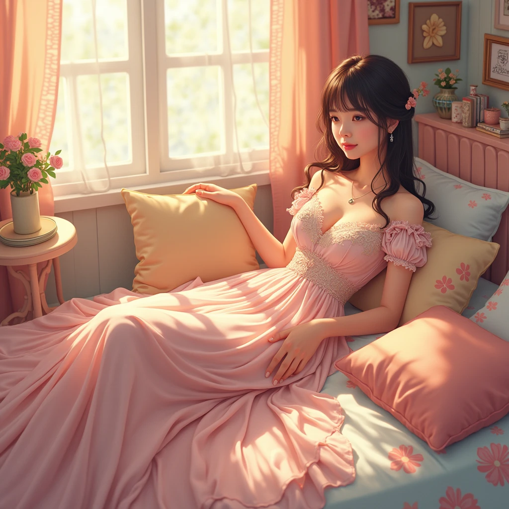 90s woman in her bed aesthetic wearing a beautiful gown in anime hd quality