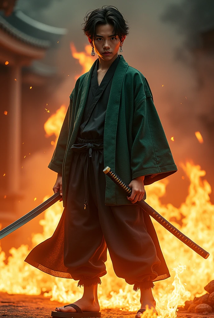 Demon Slayer live-action version。
Behind him is a flame aura。
Standing with a Japan sword。Thick chinos。
The jacket is a two-tone green and black check pattern.。
Wearing geta。
Bruise on the left side of the forehead。
Rectangular earrings on both ears。