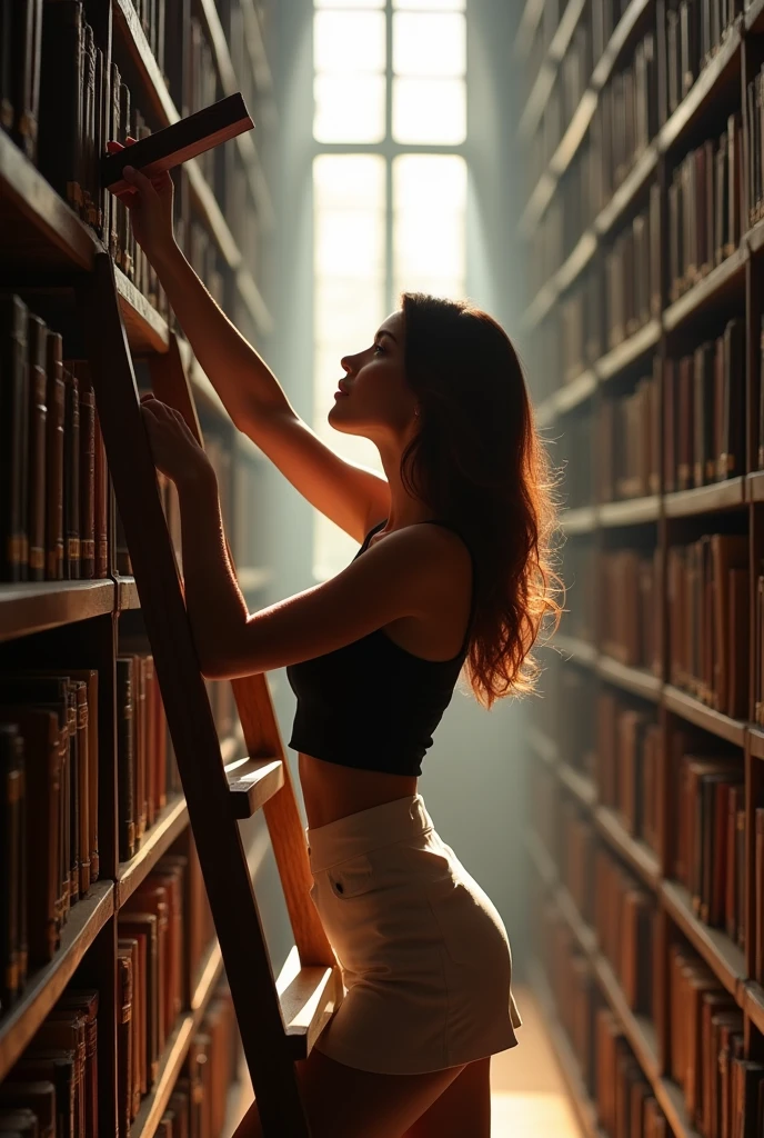 Melissa Sue Anderson, standing in the middle of two shelves of books in the library, sexy pose, white miniskirt, black top, climbing the book shelf ladder, chestnut, full body, hot. light coming through the window in the background, the light falls on his shoulders, (masterpiece) (best quality) (detailed) (8k) (HDR) (wallpaper) (cinematic lighting) (sharp focus) (intricate)