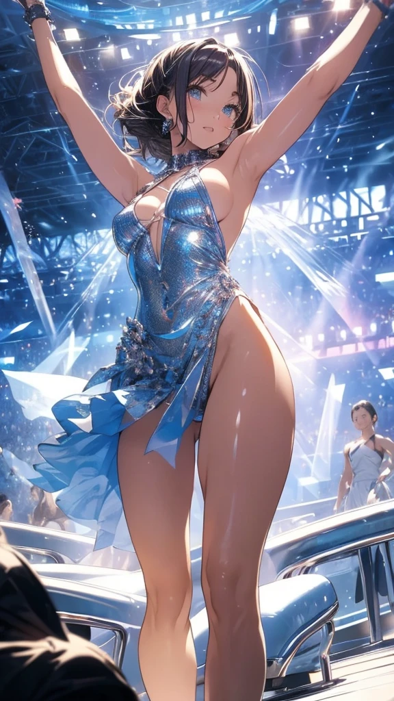 1girl, perfect face, perfect eyes, detailed hair, outfit perfect, perfect body, perfect anatomy, perfect chest, perfect hips, perfect legs and feet, perfect hands, dynamic pose, dynamic background, shiny skin, ultra detailed eyes, ultra detailed clothing、