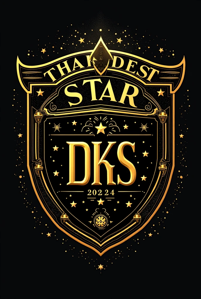 Create a round football (soccer) crest with a **black and gold** color scheme. The main theme should incorporate elements from the **Star Wars** universe, featuring **characters** from the movies. The name "**Dark Stars**" should be prominently displayed at the top, along with the abbreviation "**DKS**" placed centrally or below the team name. Add **golden stars** as additional elements, possibly around the border or integrated with the design. Ensure the **borders are detailed in gold** with intricate patterns, and include the year **2024** subtly within the design. The overall aesthetic should blend the futuristic, iconic look of Star Wars with the traditional feel of a football crest.