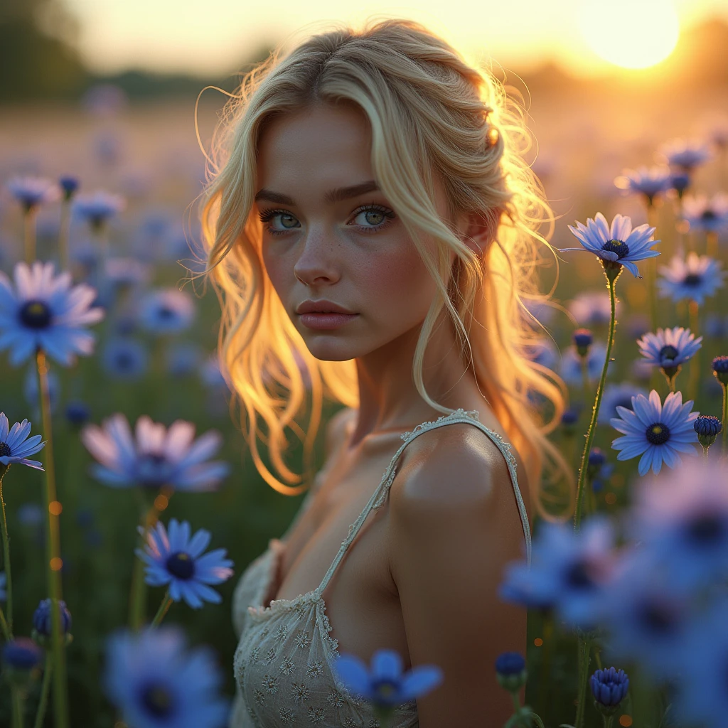 cornflower art, dreamer (A with beautiful and detailed eyes.. The depth of field in the photo is perfect., The lens flare adds a nice touch, {{side chest:2}}}, a soaked dress, realist