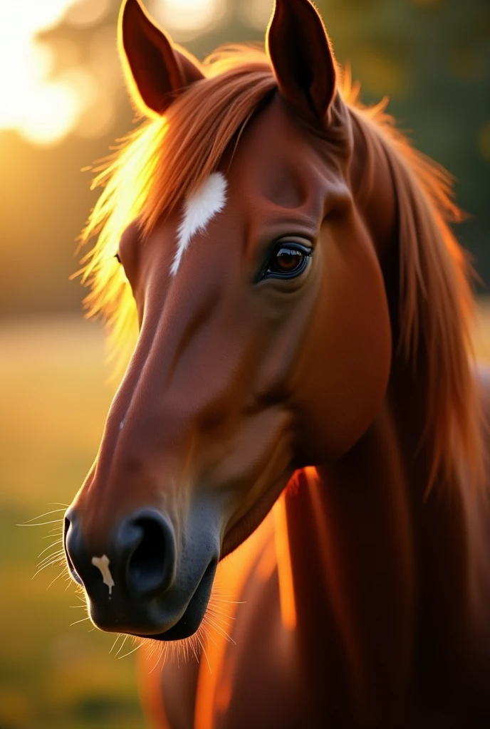 A close-up image of the beautiful horse's eyes. The rest of the face is out of focus, making the image look attractive and the backlight is bright, reflecting the horse's eyes.