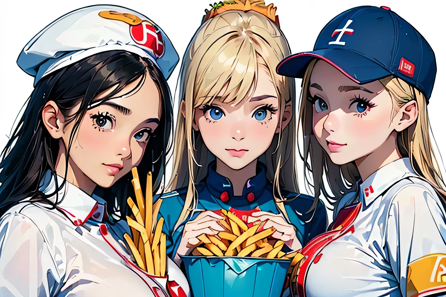 (Perfect Face,Arafe illustration of three women in different clothes)、(Girls standing in line)、(Young woman wearing a fast food restaurant uniform、Wearing a paper hat、hamburger_french fries_Holding a tray with drinks:1.4)、Colorful uniforms、Chic uniform、Flashy uniforms、Bust Up Illustration、White Background、(Front view:1.4)、(Highest quality)、(masterpiece)、(detailed)、