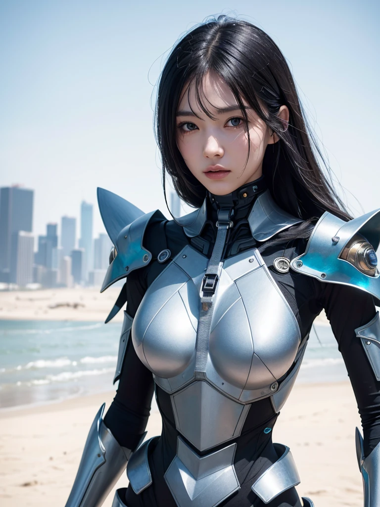 Highest quality ,masterpiece, figure, Very delicate and beautiful, Very detailed ,CG ,Unity ,8k wallpaper, wonderful, In detail, masterpiece,Highest quality,Official Art,Very detailed CG Unity 8k wallpaper,Absurd, incredibly Absurd, Very detailed, High resolution, Very detailed,Beautiful detailed girl,Light on the face, One person, Mecha, armor, Mechanical_body, Black Hair, Spaceship, city, cyber punk, star_null,
