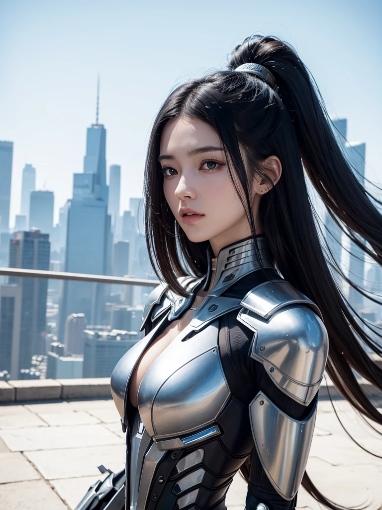 Highest quality ,masterpiece, figure, Very delicate and beautiful, Very detailed ,CG ,Unity ,8k wallpaper, wonderful, In detail, masterpiece,Highest quality,Official Art,Very detailed CG Unity 8k wallpaper,Absurd, incredibly Absurd, Very detailed, High resolution, Very detailed,Beautiful detailed girl,Light on the face, One person, Mecha, armor, Mechanical_body, Black Hair, Spaceship, city, cyber punk, star_null,