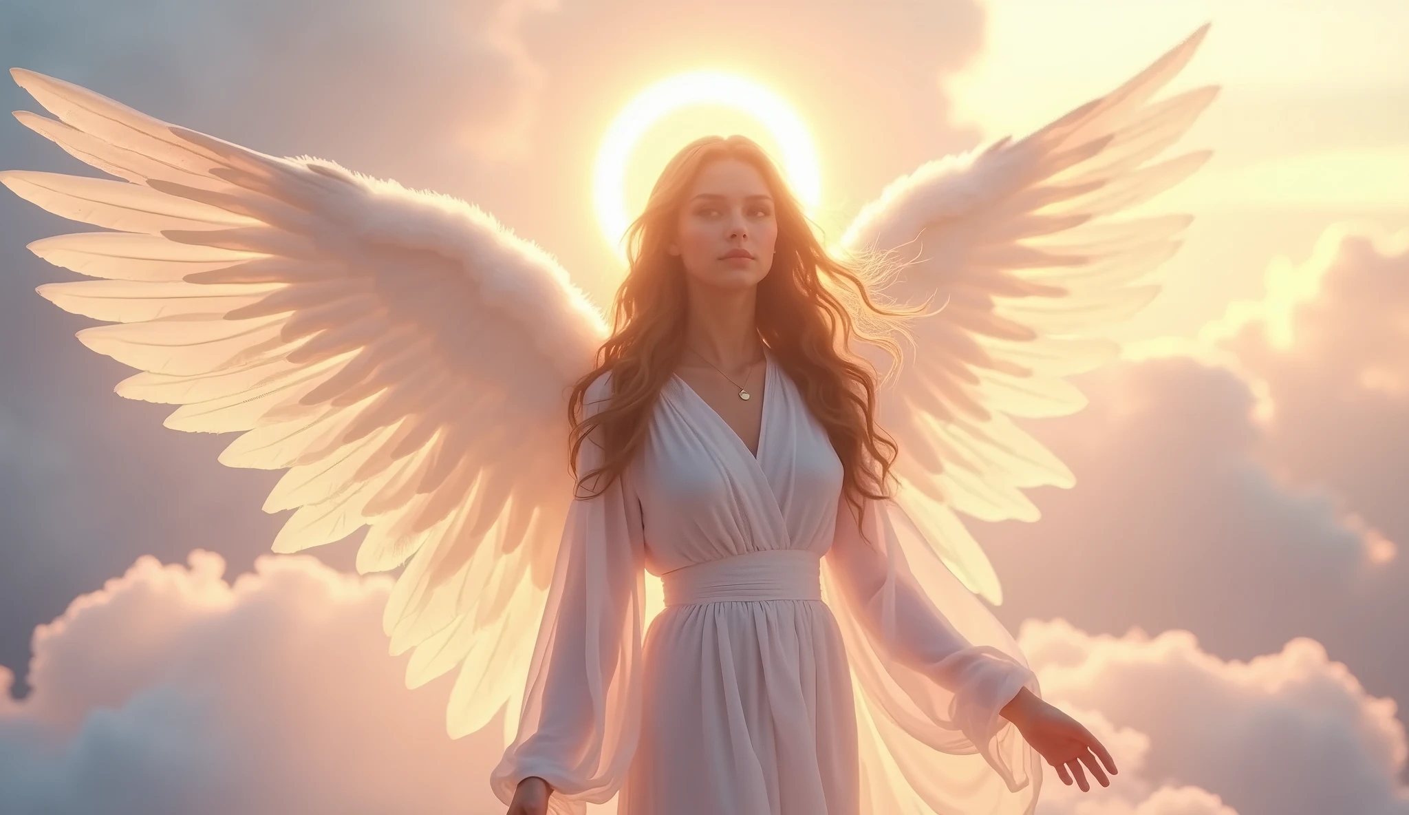 A captivating angelic figure, with shimmering white wings and a glowing halo, standing on a cloud high above the world. She wears a delicate, revealing robe that flows with the gentle breeze. The sky around her is painted with soft pastels and radiant light, creating an ethereal atmosphere that invites serenity and inner peace. Aim for realistic depiction, make sure photos are at highest resolution (8K)