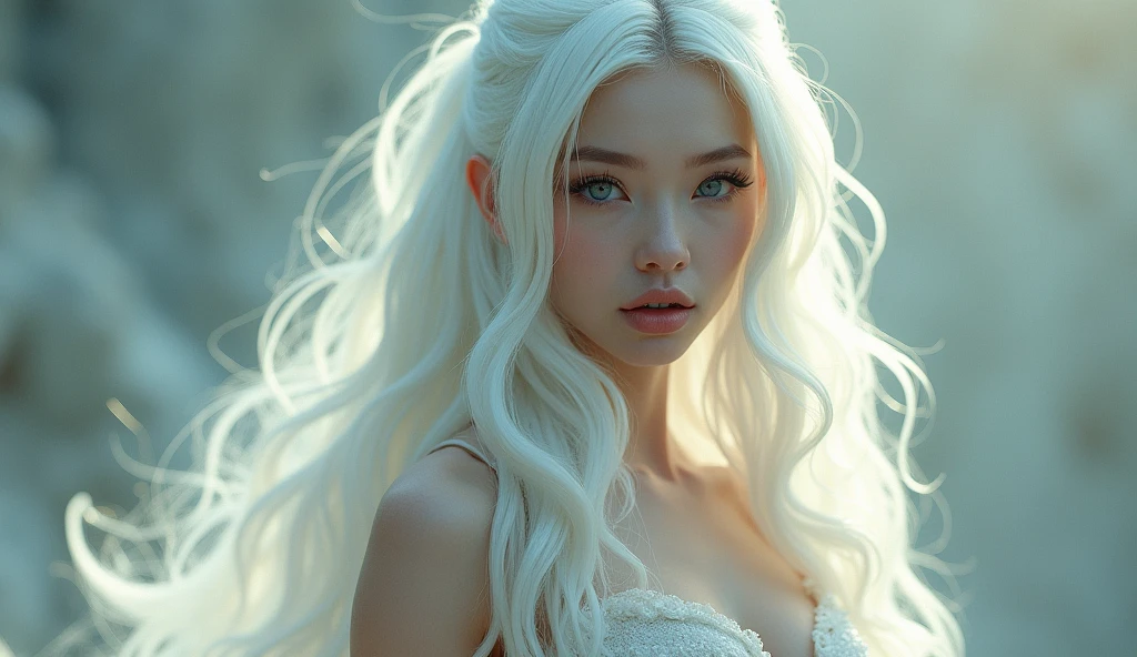 ((perfect anatomy:1.2,realistic:1.3,RAW Photography:1.3,masterpiece、highest quality、Ultra - High resolution、High resolution、Highly detailed CG、8K)),full body,1 female daemon ((beautiful detailed face and eyes:1.2,big gorgeous eyes:1.2)), white very long hair, Focus on a stunning, alluring face with captivating eyes, small breasts,slender body,small head:1.5,skinny, (oily skin,gleaming skin,pale skin,sweat:1.2), Body should be overtly sexual, with revealing attire or nudity. Emphasize a sultry, provocative expression. Skin tone should be a pale white, Succubus-like features are desired, NSFW not safe for work, show full body,
