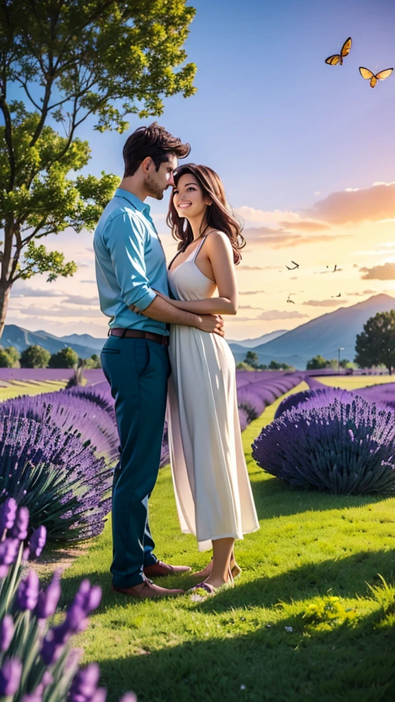 Background: A wide landscape with sunset. The sky is blue and orange, the sun is setting on the horizon. Mountains are visible in the distance. There are birds flying around and trees and lavender swaying in the breeze. Lavender blooms on the grass and butterflies flutter over the lavender. There is a road on the side and on the road there is a green Volkswagen car.
People: A beautiful woman in a white dress and a handsome man in a comfortable shirt and trousers are standing in front of a green car, looking at each other. The woman and the man are holding each other's hand, they look happy and peaceful. Under the couple's feet is a lawn full of flowers. The woman's hair flutters slightly in the wind, the man has a loving look in his eyes.