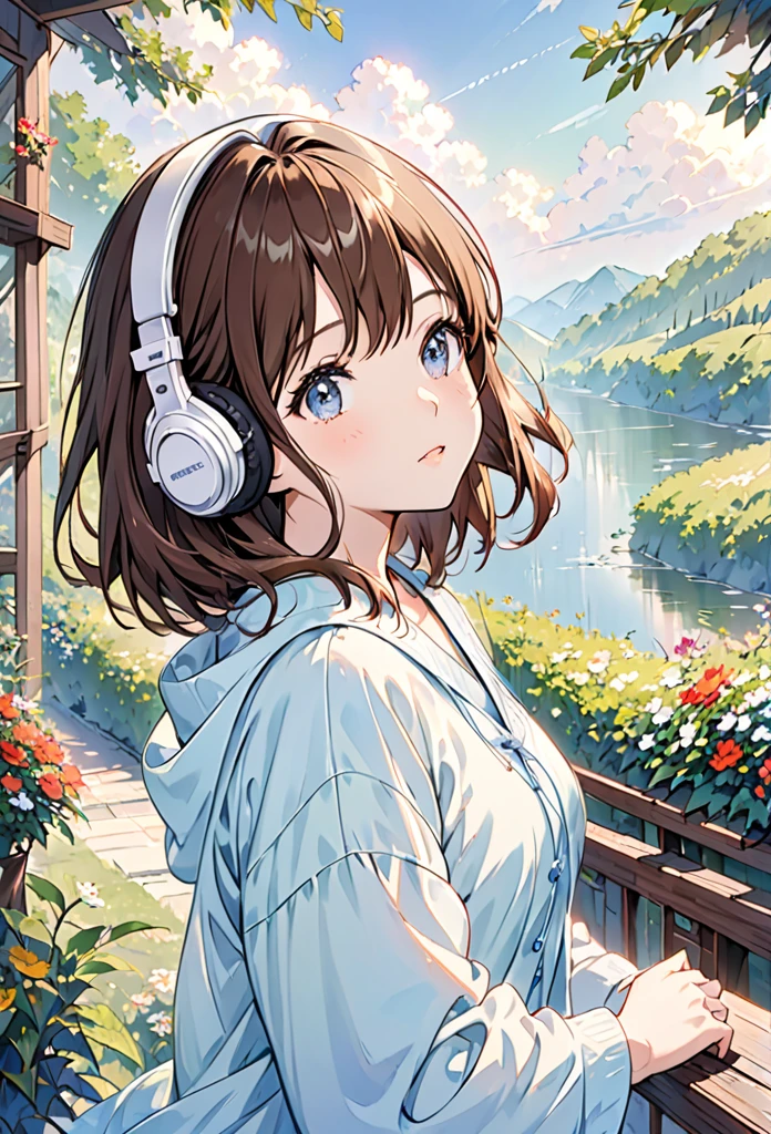 Girl wearing headphones,Brown Hair,1 person,Detailed Background,Feel the fresh morning air