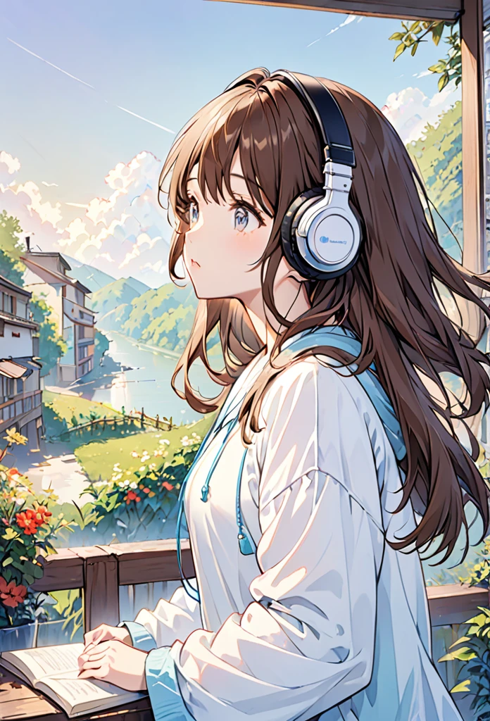 Girl wearing headphones,Brown Hair,1 person,Detailed Background,Feel the fresh morning air